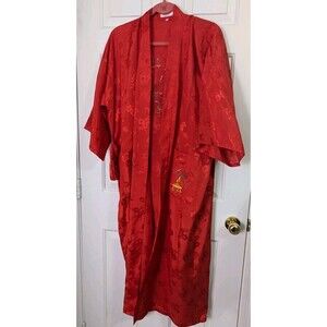 NEW VTG Golden Dragon Silk Long Robe Womens Small Red Hand Embroidered Pocket